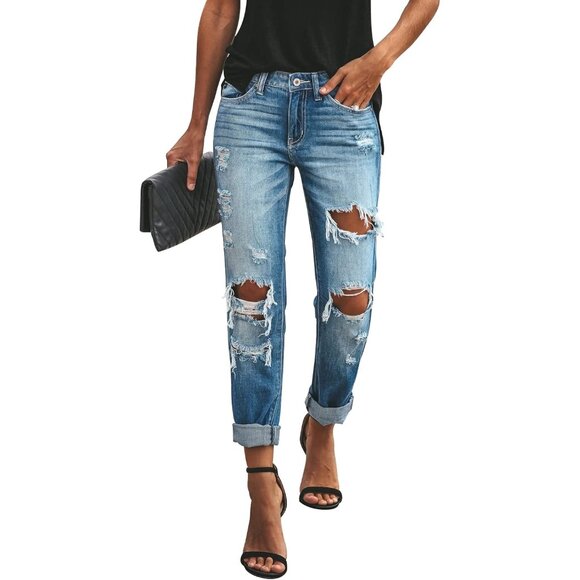 Denim - Women's Ripped Mid Waisted Boyfriend Jeans Stretchy Denim Casual Pants